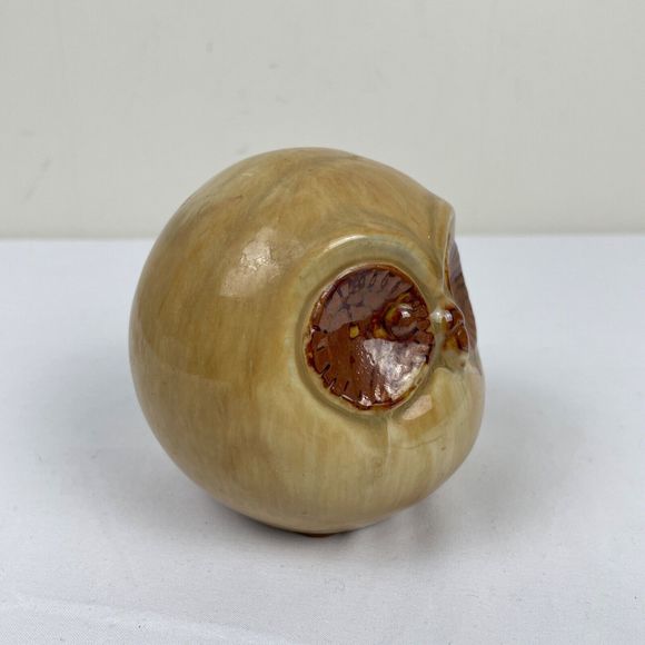 Vintage MCM Pottery Owl Round Big Eyes Tan Brown Glaze 4" - Picture 2 of 7